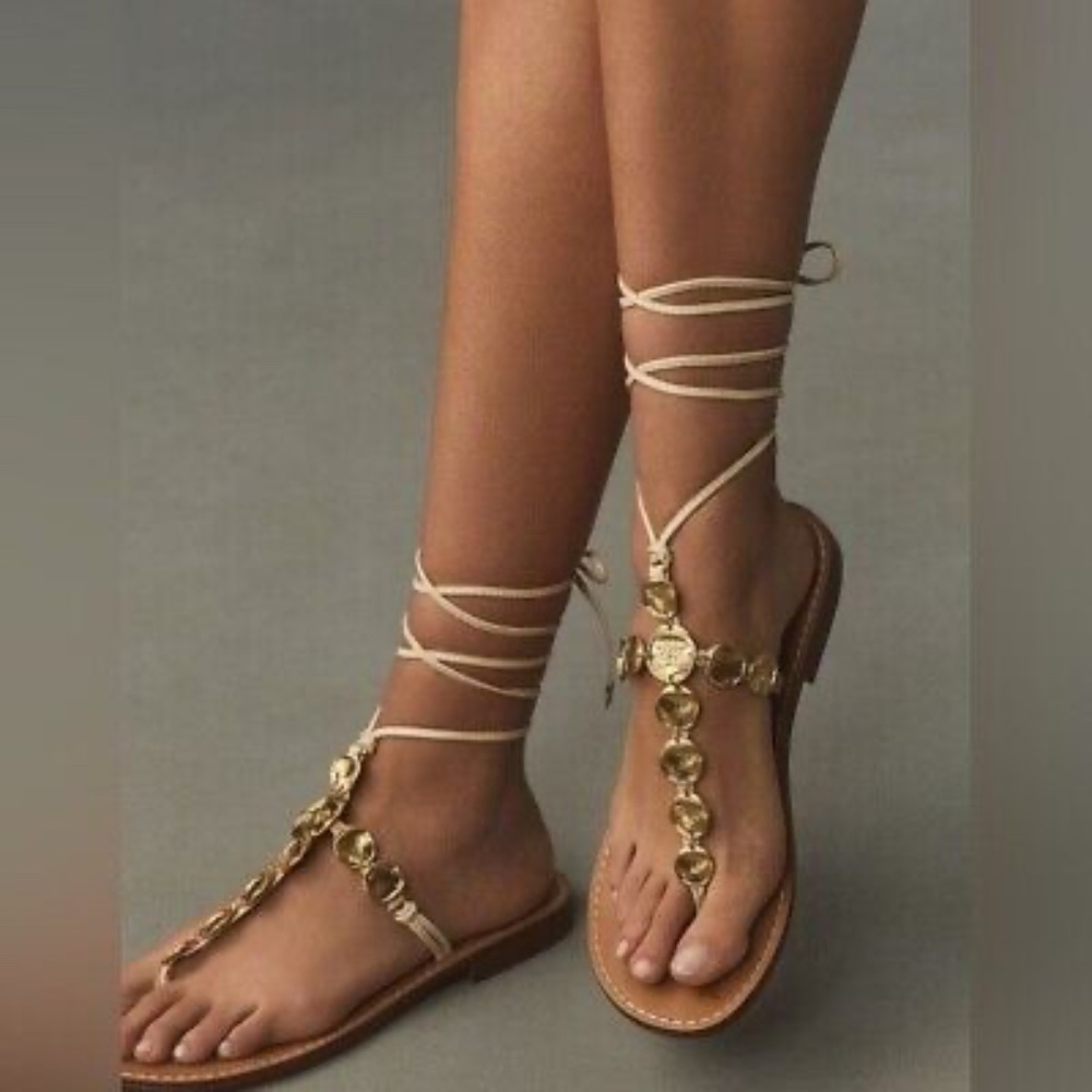 🧡 Sam Edelman Tan Gold Embellished Lace-Up Sandals